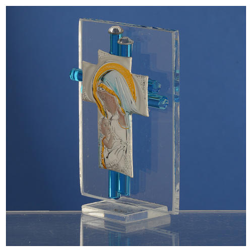 Souvenir Naissance croix verre Murano aigue-marine arg h 8 cm 3