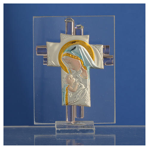 Pamiątka Krzyż Macierzyństwo szkło Murano różowe i srebrne 8cm 2