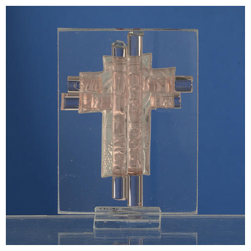 Pamiątka Krzyż Macierzyństwo szkło Murano różowe i srebrne 8cm 4