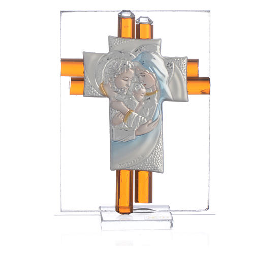 Cross Holy Family amber Murano glass 8cm 1