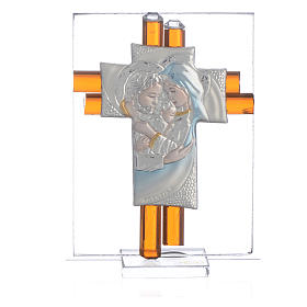 Pamiątka Krzyż święta Rodzina szkło Murano bursztynowe i srebrne 8cm