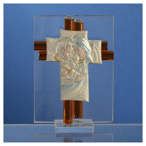 Pamiątka Krzyż święta Rodzina szkło Murano bursztynowe i srebrne 8cm 2