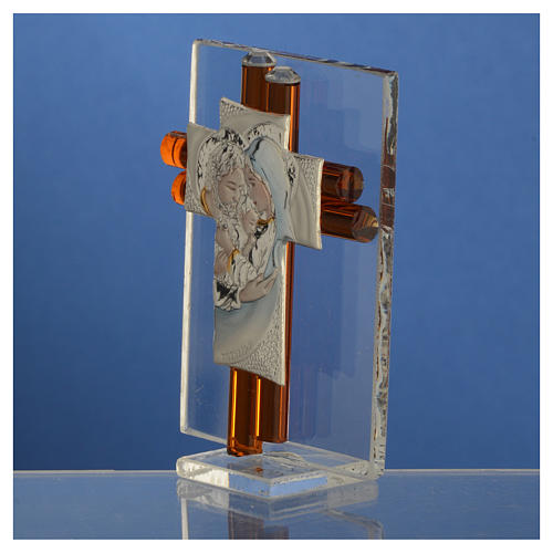 Pamiątka Krzyż święta Rodzina szkło Murano bursztynowe i srebrne 8cm 3