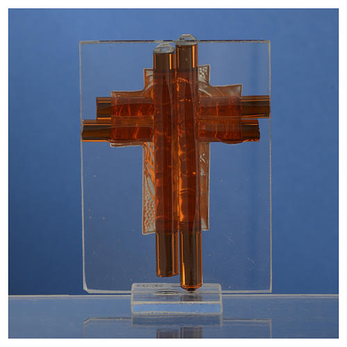Pamiątka Krzyż święta Rodzina szkło Murano bursztynowe i srebrne 8cm 4