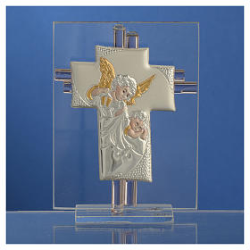 Bonbonnière Baptême croix verre Murano rose h 10,5 cm