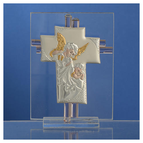 Bonbonnière Baptême croix verre Murano rose h 10,5 cm 2