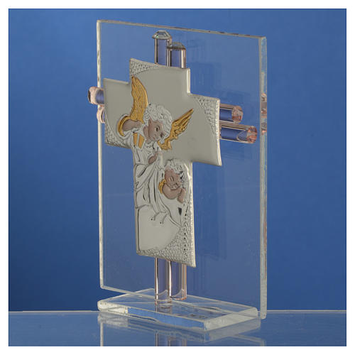 Bonbonnière Baptême croix verre Murano rose h 10,5 cm 3