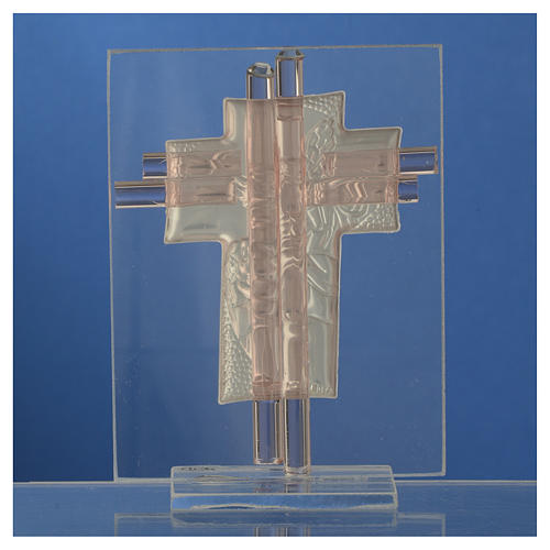 Bonbonnière Baptême croix verre Murano rose h 10,5 cm 4