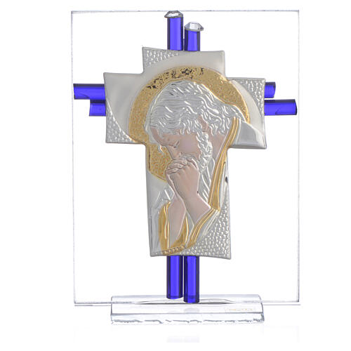 Kreuz aus Muranoglas Christus in blau und silber, 10,5 cm 1