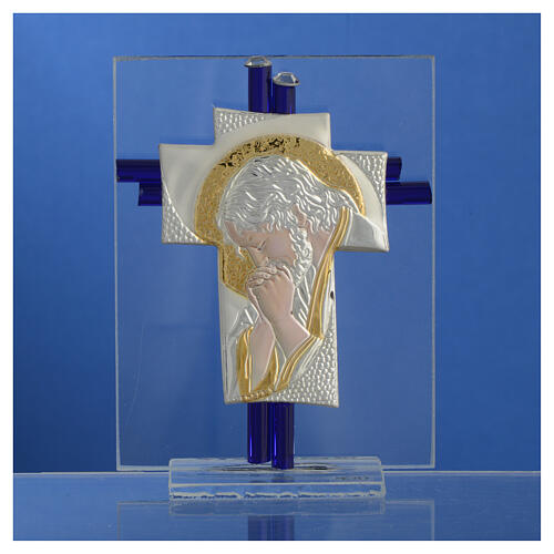Kreuz aus Muranoglas Christus in blau und silber, 10,5 cm 2