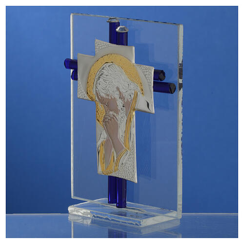Kreuz aus Muranoglas Christus in blau und silber, 10,5 cm 3