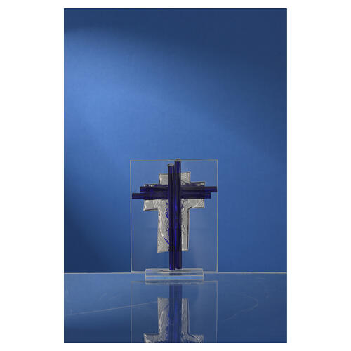 Kreuz aus Muranoglas Christus in blau und silber, 10,5 cm 4
