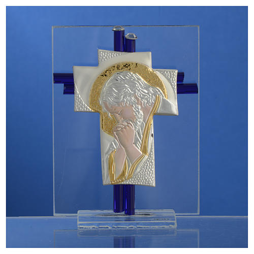 Holyart Croce In Vetro Di Murano Blu E Argento Con Cristallo - 10,5 Cm - Quadretto Devozionale Da Appoggio