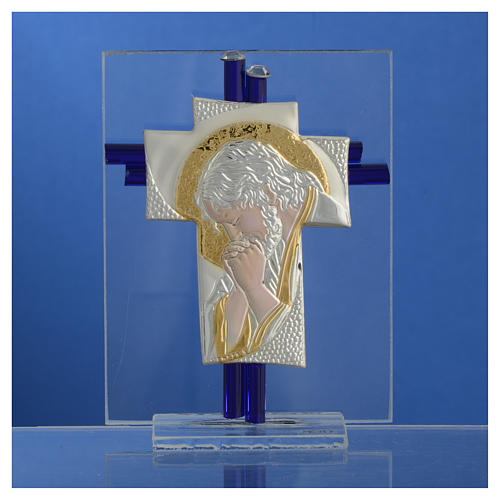 Pamiątka Krzyż szkło Murano niebieskie i srebrne 10,5cm 2