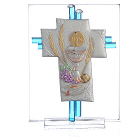 Bonbonnière Communion croix verre Murano aigue-marine arg h 10,5 cm