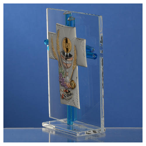 Bonbonnière Communion croix verre Murano aigue-marine arg h 10,5 cm 3
