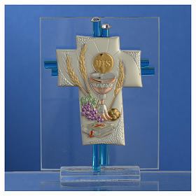 Pamiątka Krzyż Pierwsza Komunia szkło Murano morskie i srebrne 10,5cm