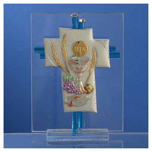 Pamiątka Krzyż Pierwsza Komunia szkło Murano morskie i srebrne 10,5cm 2