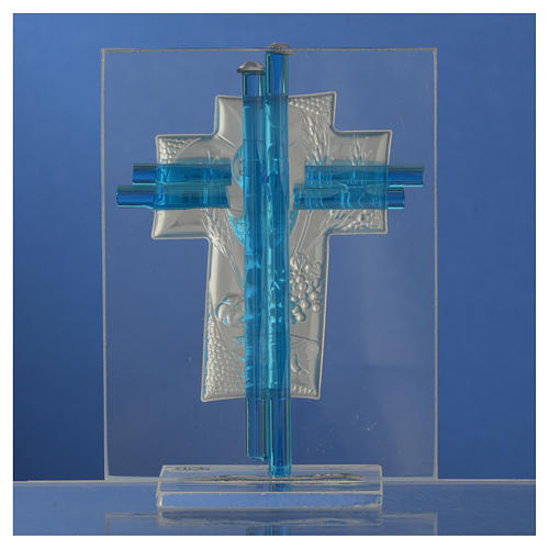 Bonbonniere Communion Cross aquamarine Murano glass 10,5cm 4