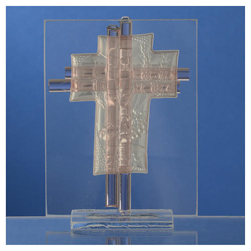 Bonbonnière Communion croix verre Murano rose h 10,5 cm 4