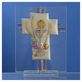 Pamiątka Krzyż Pierwsza Komunia szkło Murano różowe 10,5cm