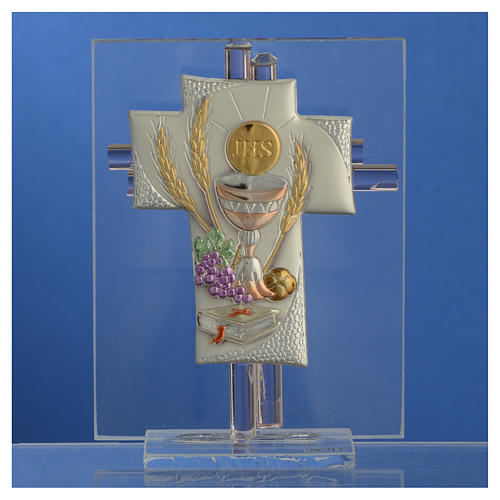 Pamiątka Krzyż Pierwsza Komunia szkło Murano różowe 10,5cm 2