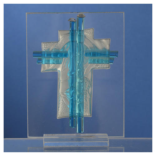 Bonbonniere Birth Cross aquamarine Murano glass 10,5cm 4