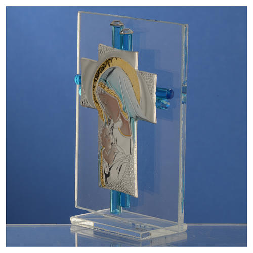 Bonbonnière Naissance croix verre Murano aigue-marine h 10,5 cm 3