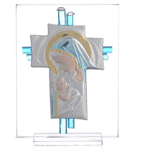 Bonbonniere Birth Cross aquamarine Murano glass 10,5cm 1