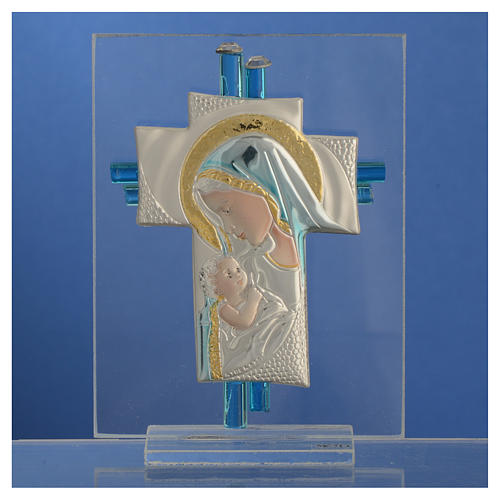 Bonbonniere Birth Cross aquamarine Murano glass 10,5cm 2