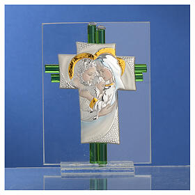 Geschenk Hochzeit Kreuz aus Muranoglas Heilige Familie in blau, 10,5 cm