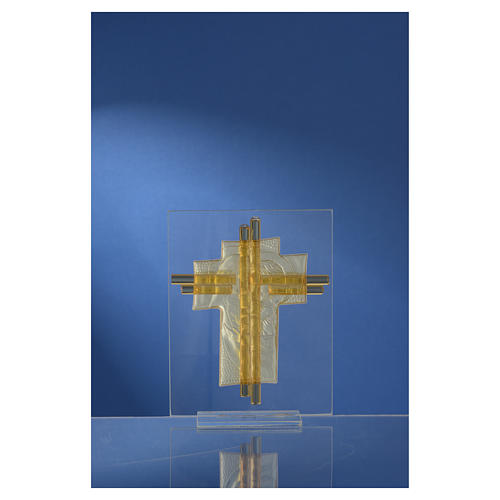 Regalo Matrimonio cruz S. Familia vidrio Murano aguamarina h. 10.5 cm 8