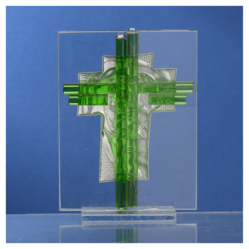 Regalo Matrimonio cruz S. Familia vidrio Murano aguamarina h. 10.5 cm 12