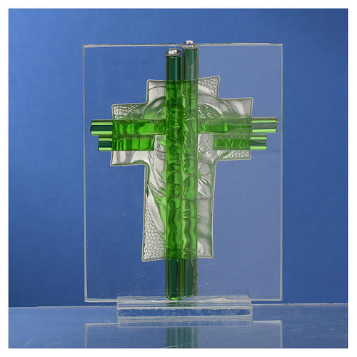 Regalo Matrimonio cruz S. Familia vidrio Murano aguamarina h. 10.5 cm 4