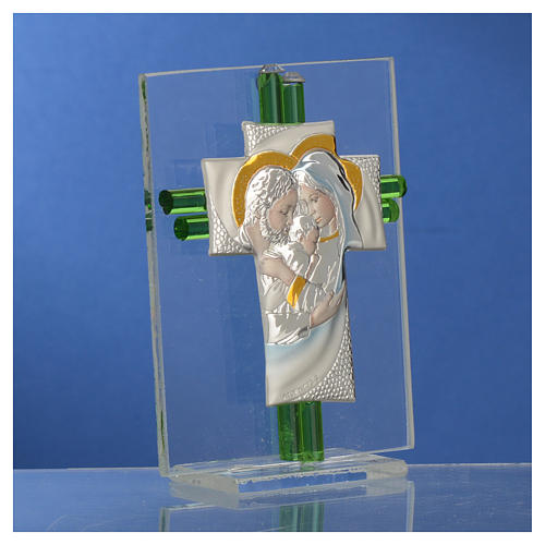 Bonbonnière Mariage croix Ste Famille verre Murano aigue-marine h 10,5 cm 11