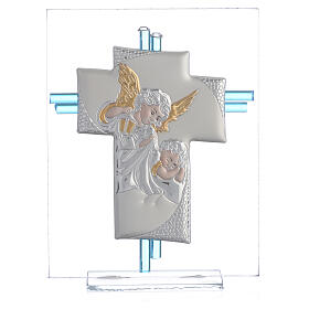 Kreuz aus Muranoglas mit Engelsmotiv, blau und silber, 14,5 cm