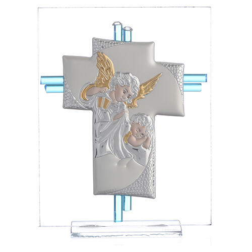 Kreuz aus Muranoglas mit Engelsmotiv, blau und silber, 14,5 cm 1