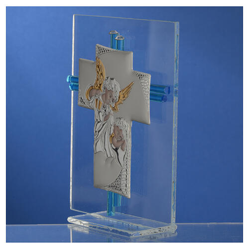 Kreuz aus Muranoglas mit Engelsmotiv, blau und silber, 14,5 cm 3
