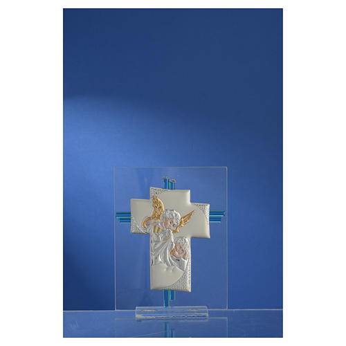 Cruz anjos vidro Murano água-marinha e prata h 14,5 cm 2