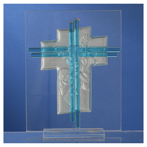 Cruz anjos vidro Murano água-marinha e prata h 14,5 cm 4
