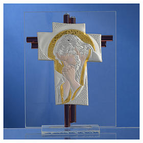 Kreuz Glas rosa Silber Platte Jesus 14.5cm