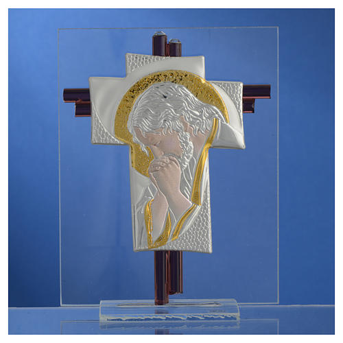 Cruz Cristo Vidrio Murano Púrpura y plata h.14.5 cm 2