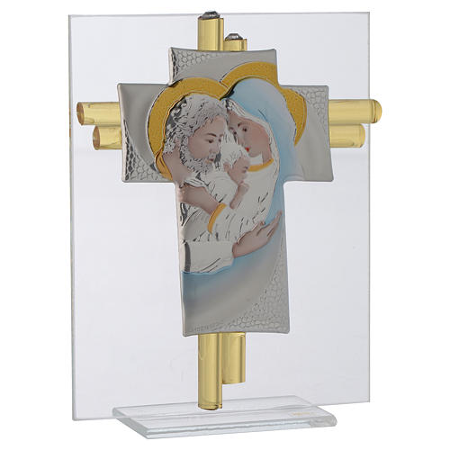 Favour with cross,Holy Family in aquamarine Murano glass and silver 14.5cm 2