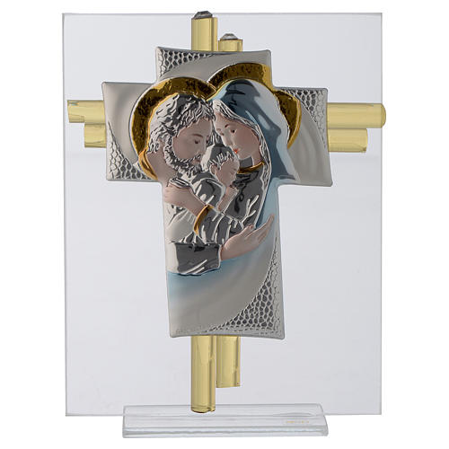 Favour with cross,Holy Family in aquamarine Murano glass and silver 14.5cm 1