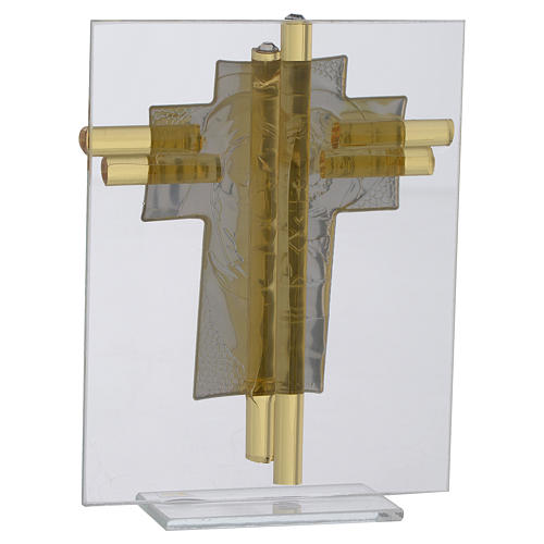 Favour with cross,Holy Family in aquamarine Murano glass and silver 14.5cm 3