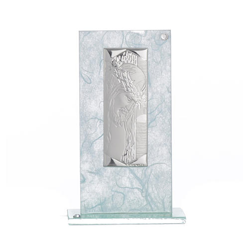 Favour with image of Christ in silver and sky blue glass 11.5cm 4
