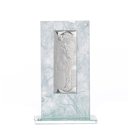 Favour with image of Christ in silver and sky blue glass 11.5cm 1