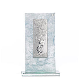 Holy Family favour, image in silver and sky blue glass 11.5cm