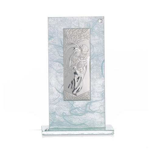 Holy Family favour, image in silver and sky blue glass 11.5cm 4