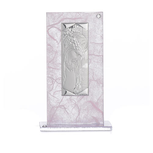First Communion favour, Christ image in silver and pink glass 11.5cm 4